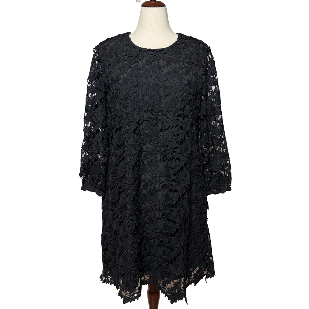 Chicos Dress 14 2.5 Black Crochet Lace Overlay Floral Puff Sleeves Party NWT